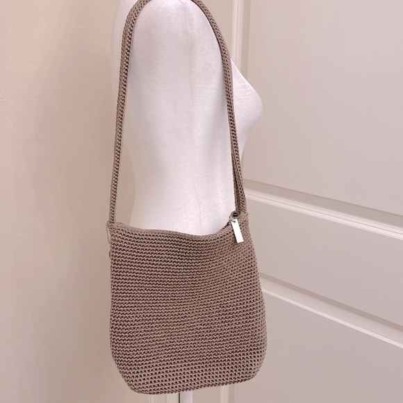 The Sak Double Handle Crochet Purse hand bag shoulder bag beige zipper top small - Picture 3 of 16